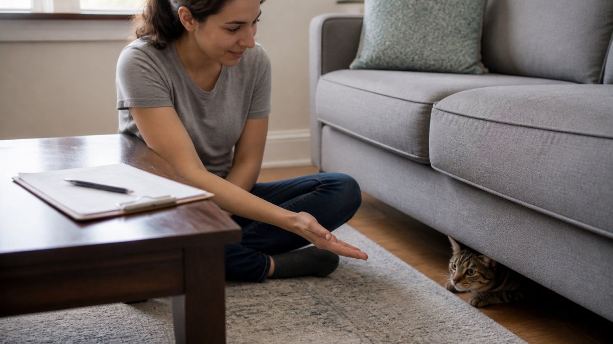 A friendly pet sitter sitting cross-legged on a living room floor, gently extending one hand toward a shy tabby cat peeking from under a sofa, a clipboard and pen resting on a nearby coffee table in soft afternoon light