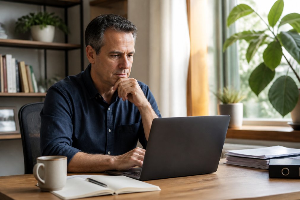 A small business owner in a home office reviewing potential buyer profiles on a laptop, with a notebook and coffee nearby, warm natural light