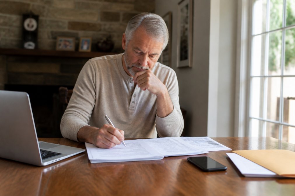 Homeowner reviewing documents and taking notes at a wooden desk with a laptop and phone, appearing focused and cautious, natural daylight from nearby window
