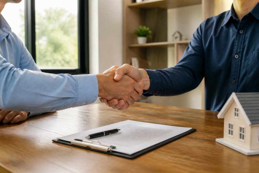 Two people shaking hands across a table with a contract and pen visible, representing a completed real estate transaction, professional office setting with natural light