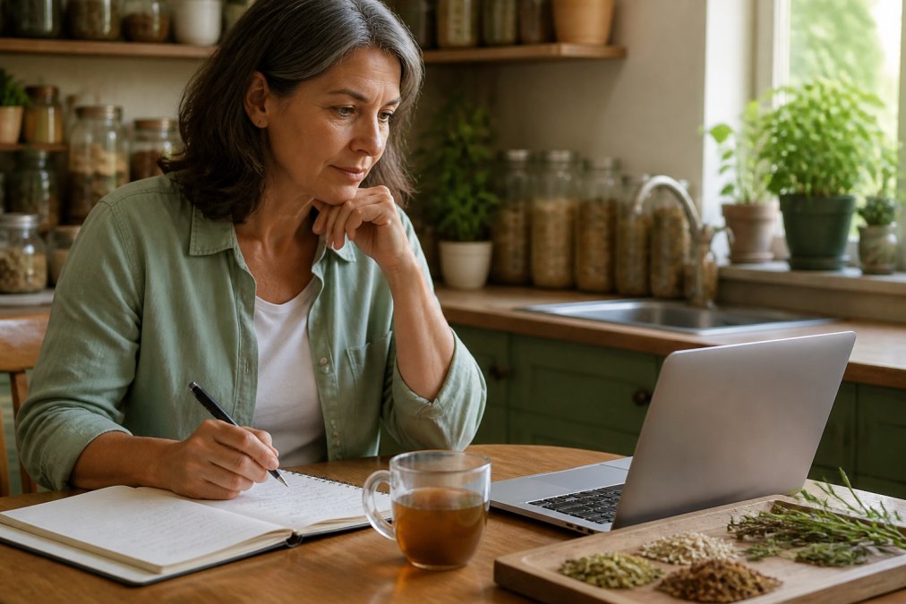 A woman in her 50s sitting at a kitchen table with a laptop open, a notebook with handwritten questions, and a mug of herbal tea beside her, reviewing an online practitioner directory in warm natural light