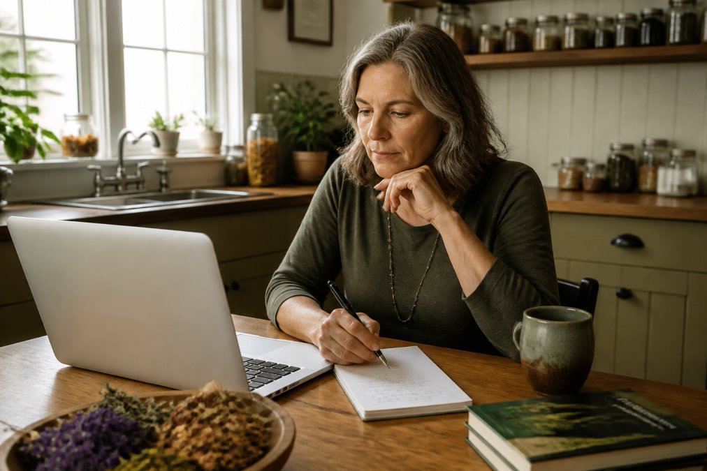 A woman in her fifties sitting at a kitchen table with a laptop open to a state nursing board license lookup page, a handwritten notepad of questions, and a mug of herbal tea beside her, warm afternoon light through the window