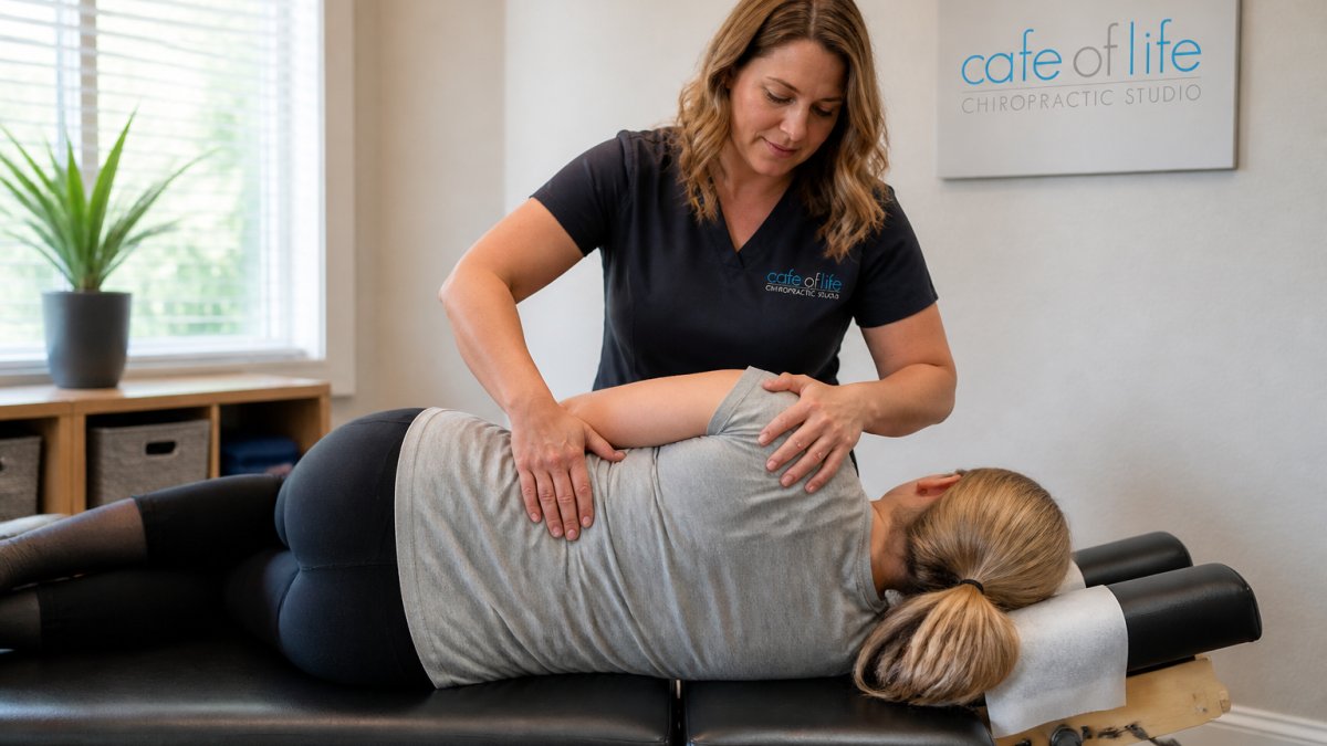 A chiropractor performing a gentle spinal adjustment on a patient lying on a treatment table in a bright, welcoming clinic room