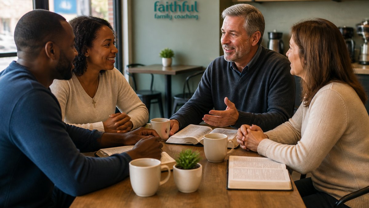 A couple sitting across from a mentor couple at a coffee shop, having a warm and relaxed conversation with open Bibles on the table
