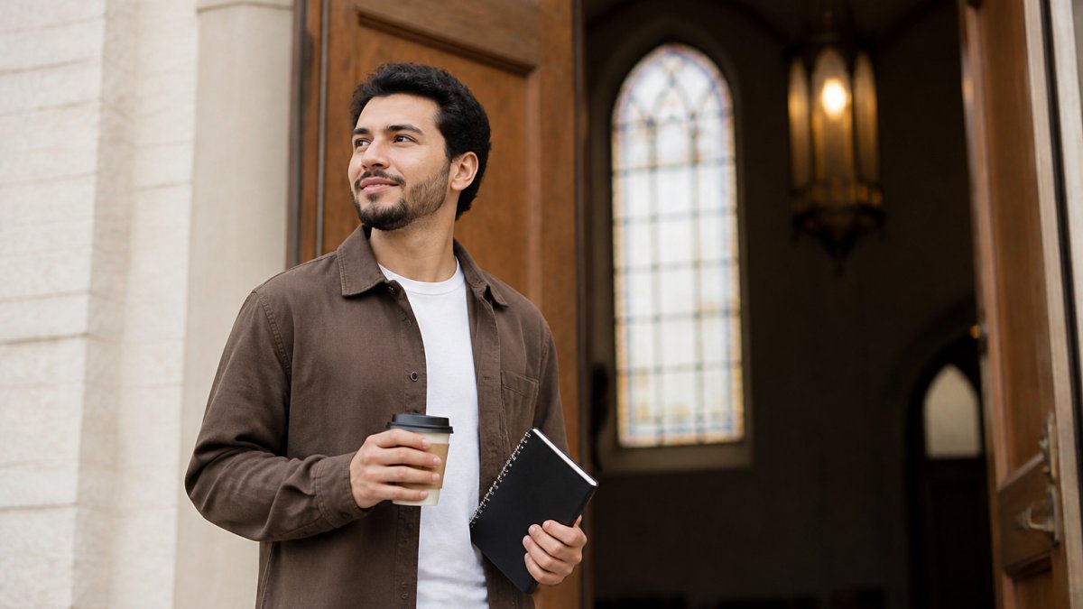 Young adult walking into a church on a Sunday morning with coffee and a notebook