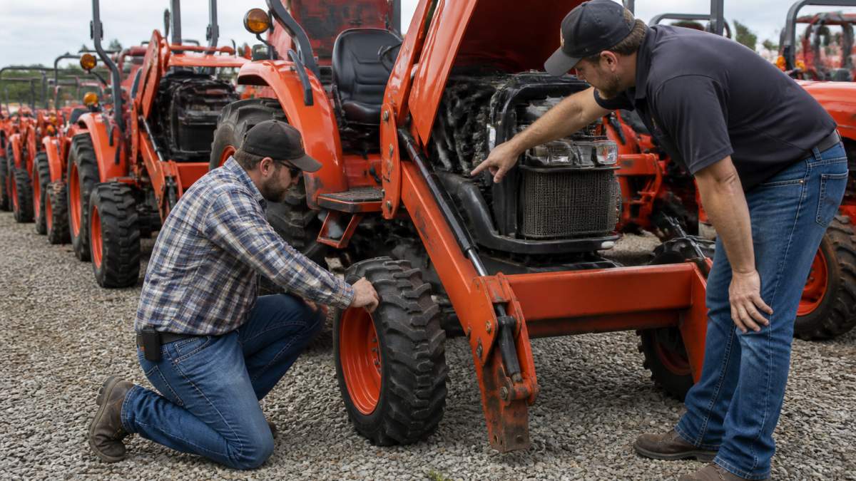 A buyer inspects the tires of a used compact tractor while a salesperson points to the engine area.