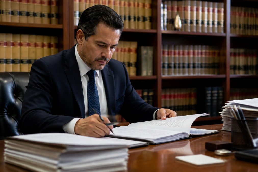 Criminal defense attorney reviewing case files and legal documents at a desk in a law office with case law books visible on shelves