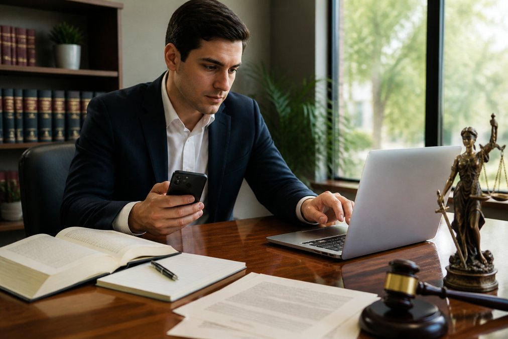 Person using a laptop and smartphone to research lawyers, with legal documents and notepad on desk, natural office lighting