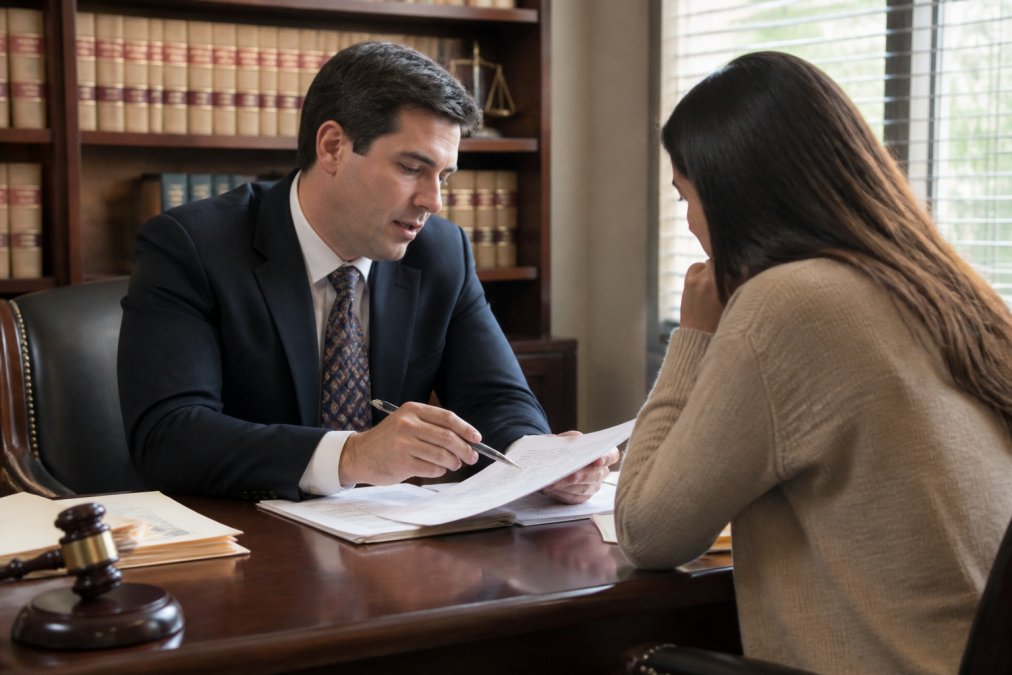 Professional attorney and client sitting at a desk in a law office, reviewing documents together during a consultation meeting, professional lighting