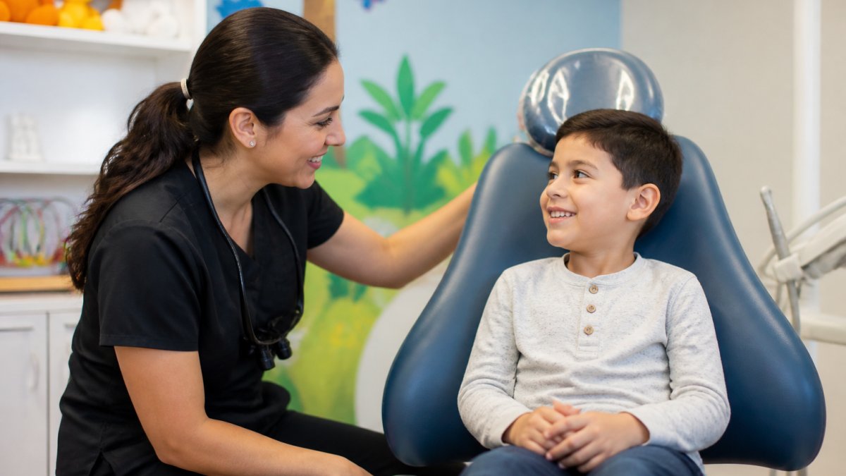 Pediatric dentist smiling warmly while speaking gently with a young child in a bright, colorful dental office with child-friendly decorations, toys on shelves, and a calm, welcoming atmosphere