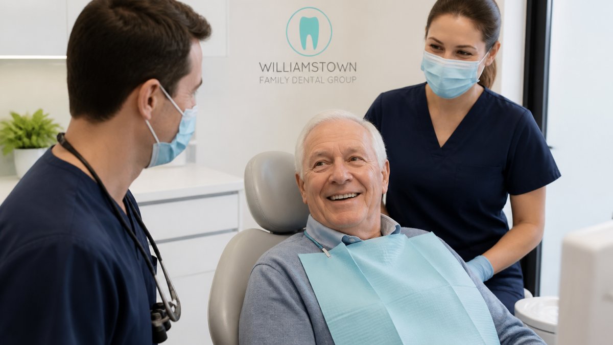 Senior patient sitting comfortably in a modern dental chair with a dentist and dental assistant nearby in a welcoming, calm clinical environment with soft lighting