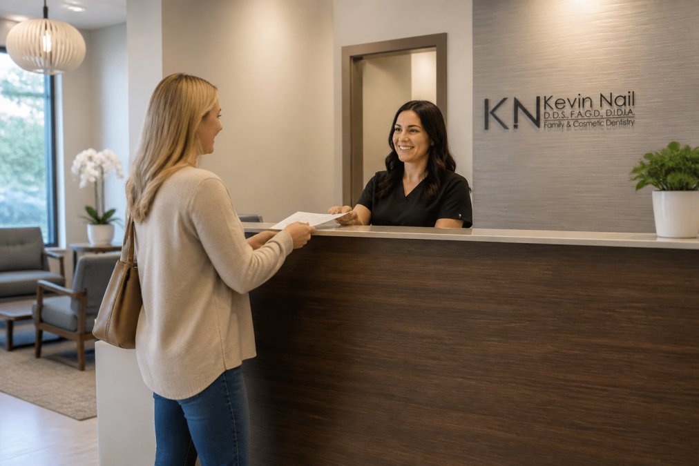 A welcoming dental office reception area with a friendly staff member greeting a relaxed patient, soft lighting, and comfortable seating