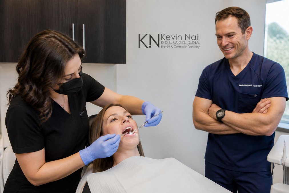 Dental hygienist performing a cleaning for a patient to help you find family dentist care in a modern office
