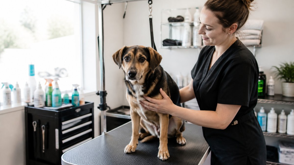 A calm dog standing on a grooming table while a groomer gently places a hand on its side, with soft natural light coming through a window in a quiet salon