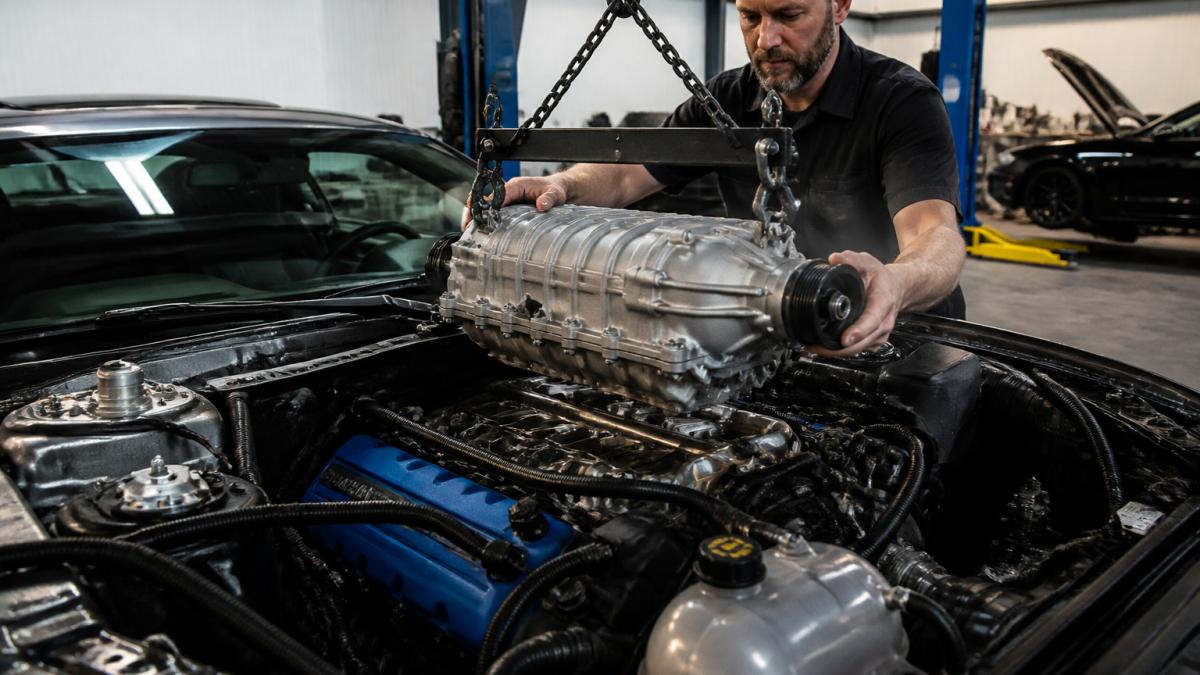 A technician in a clean performance shop guiding a supercharger assembly onto a Ford Mustang engine bay, with tools and a lift visible in the background