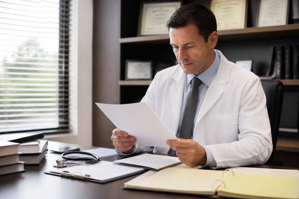 Professional physician in white coat reviewing medical credentials and certification documents at desk in modern clinical office with natural lighting