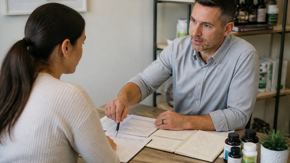 A functional medicine practitioner reviewing lab results and health history with a patient in a bright, welcoming consultation room, with a notebook and diagnostic charts on the desk