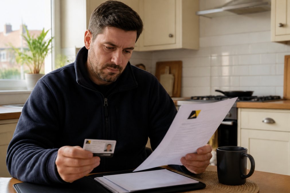 Professional reviewing Gas Safe Register certification document while holding an ID card at a kitchen table with natural lighting