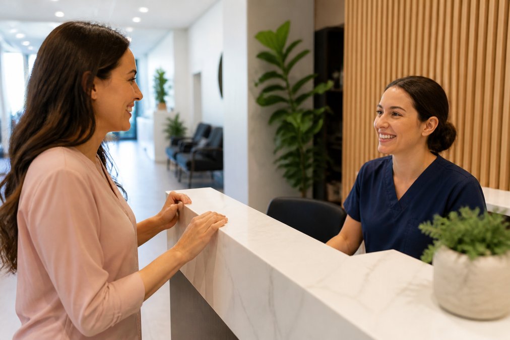 A woman smiling while speaking with a friendly dental receptionist at the front desk of a modern, bright dental clinic with natural lighting and welcoming décor