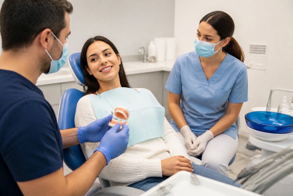 A patient in a dental chair with a calm expression while a dentist and hygienist explain a treatment plan using a model, with soft lighting and a calm clinical environment