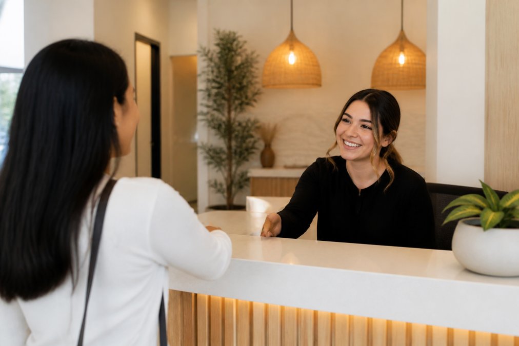 Calm, welcoming dental office reception area with soft warm lighting, comfortable seating, and a friendly staff member greeting a patient with a smile