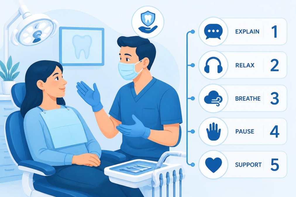 Patient in dental chair with dentist calmly explaining the procedure using hand gestures, showing a relaxed, communicative interaction with soft office lighting