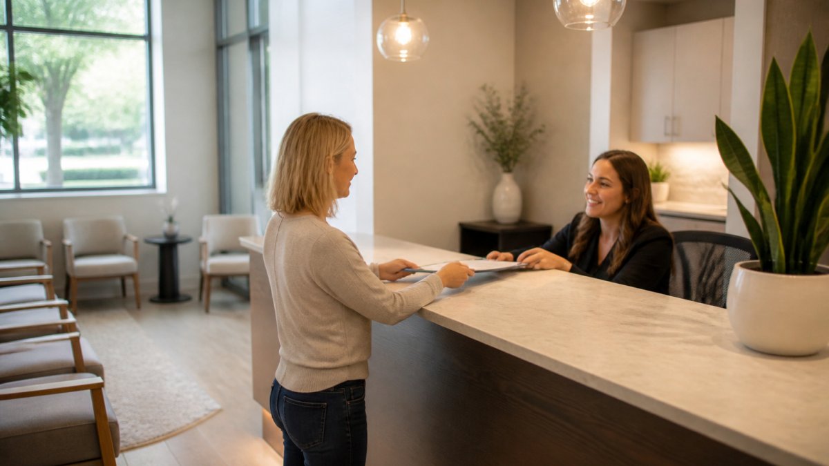 Calm, bright dental office waiting room with soft natural lighting, comfortable seating, and a welcoming front desk staff member smiling at a patient checking in