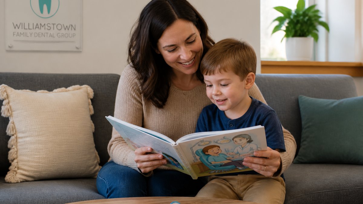 A parent and young child sitting together on a couch at home, reading a picture book about visiting the dentist, with a toy dental mirror on the coffee table