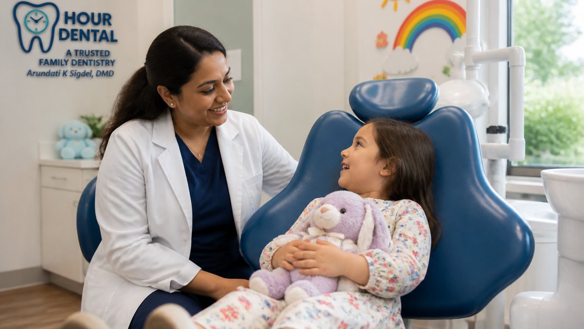 Pediatric dentist smiling warmly at young child in dental chair, child holding stuffed animal, bright modern operatory with colorful decorations and natural lighting