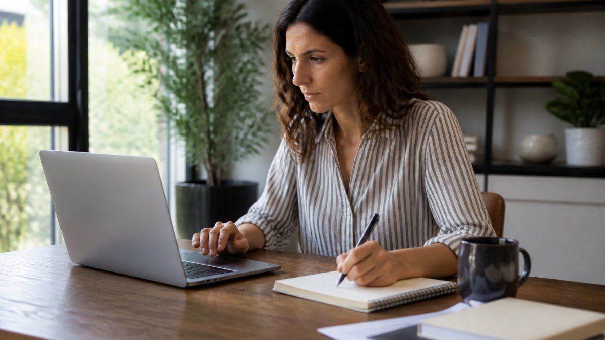 Woman researching a hormone specialist near me on her laptop at a desk