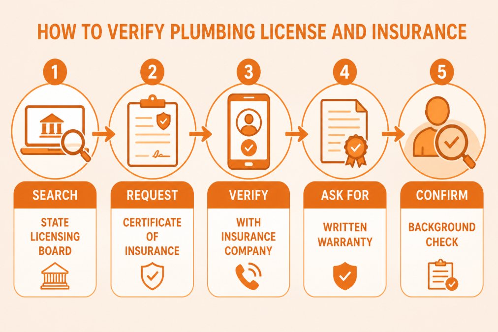 Flowchart showing verification steps: Search state licensing board → Request Certificate of Insurance → Verify with insurance company → Ask for written warranty → Confirm background check