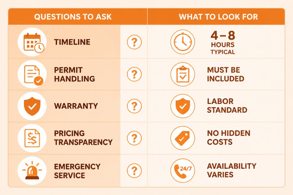 Matrix comparing essential questions to ask: Timeline (4-8 hours typical), Permit handling (must be included), Warranty (labor standard), Pricing transparency (no hidden costs), Emergency service (availability varies)