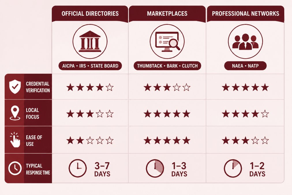 Comparison matrix showing search methods: Official Directories (AICPA, IRS, State Board) vs Marketplaces (Thumbtack, Bark, Clutch) vs Professional Networks (NAEA, NATP) with columns for credential verification, local focus, ease of use, and typical response time