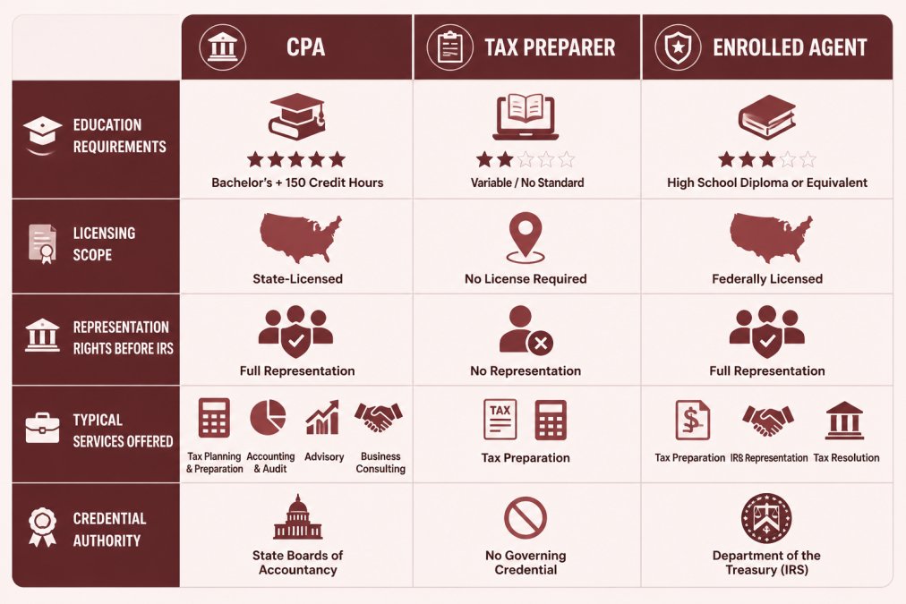 Side-by-side comparison chart showing CPA vs Tax Preparer vs Enrolled Agent: education requirements, licensing scope, representation rights before IRS, typical services offered, and credential authority