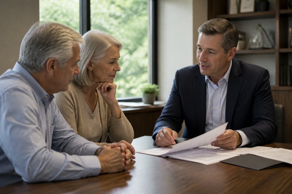 A couple in their early 60s sitting across a desk from a professional financial advisor in a well-lit office, reviewing printed documents together with attentive and engaged expressions, natural daylight from a window behind the advisor