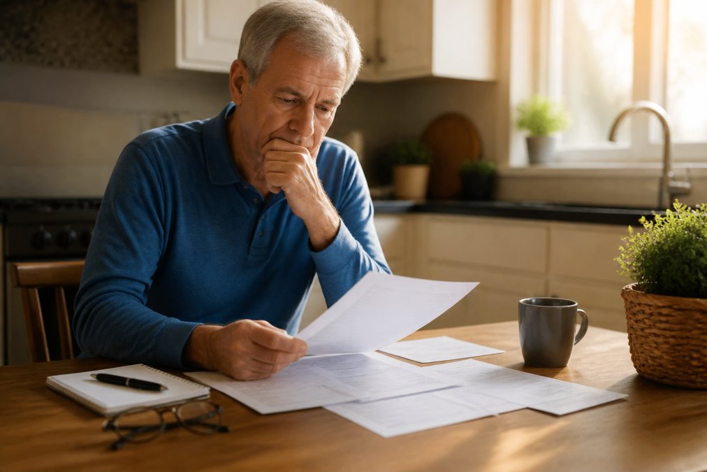 A person in their early 60s sitting at a kitchen table with a laptop, notepad, and reading glasses, looking thoughtfully at financial documents spread across the table under warm morning light