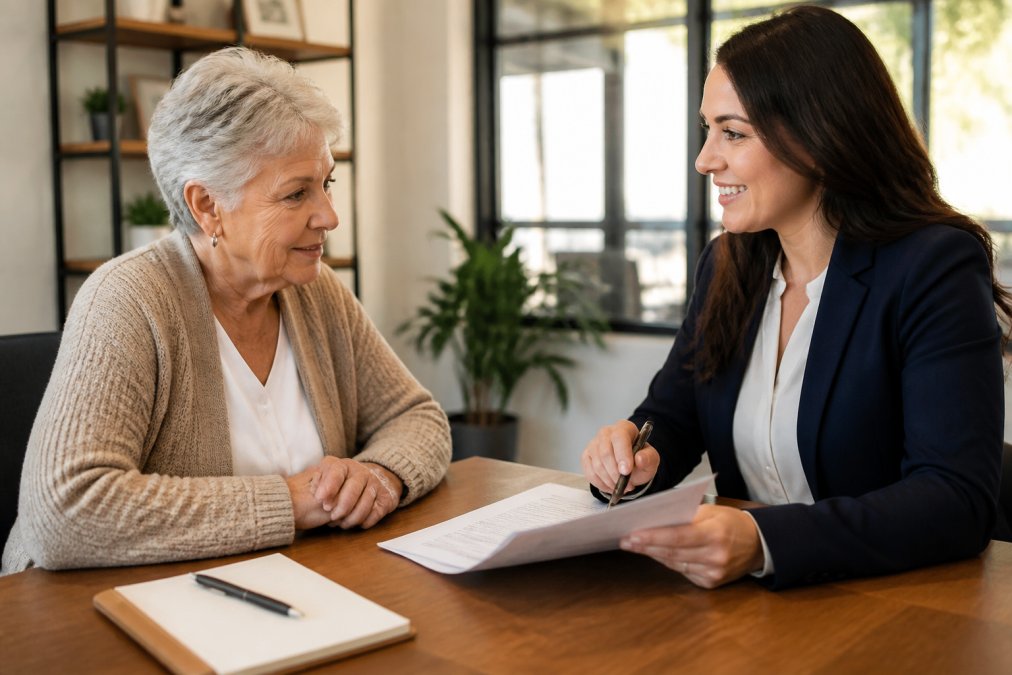A woman in her sixties sitting across a desk from a friendly insurance agent in a warm, well-lit office, reviewing paperwork together with a notepad and pen nearby