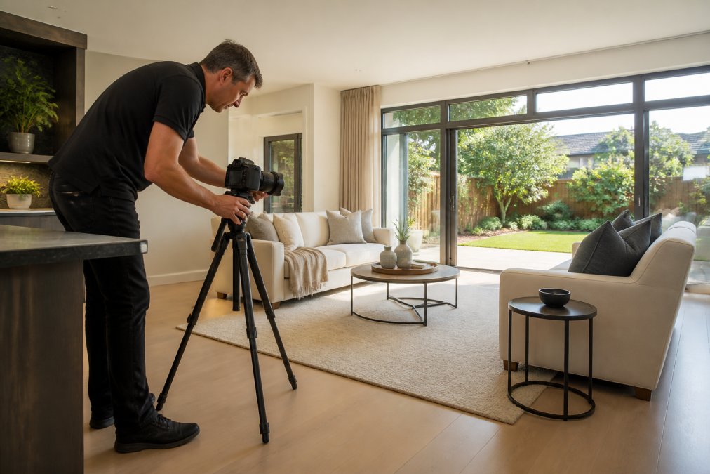 A professional photographer setting up a tripod with a wide-angle camera in a bright, modern living room, natural light coming through large windows