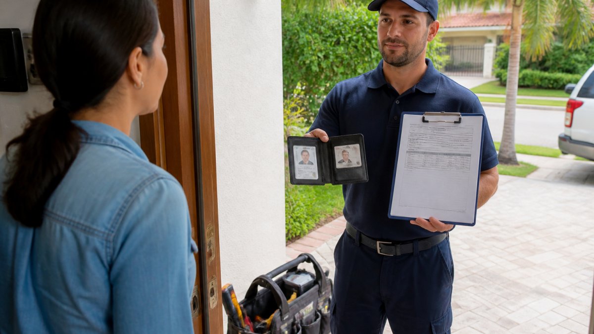 Professional locksmith in uniform displaying credentials and insurance documentation to a homeowner at the front door, natural daylight