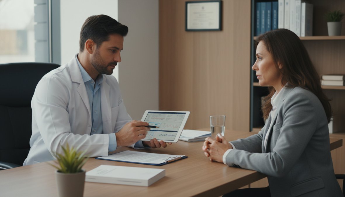 A physician in a modern clinical office reviewing test results on a tablet with a patient seated across the desk, both in professional attire under warm clinical lighting, conveying a professional and evidence-based medical consultation