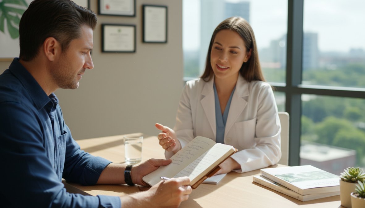 A patient holding a notepad with handwritten questions while sitting in a bright, clean medical consultation room with white walls and natural window light, preparing to speak with a doctor