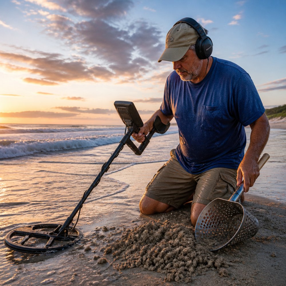 A beachcomber in their 50s kneeling on wet sand at the shoreline, swinging a waterproof metal detector with one hand while holding a stainless steel sand scoop in the other, with gentle waves and a morning sky in the background