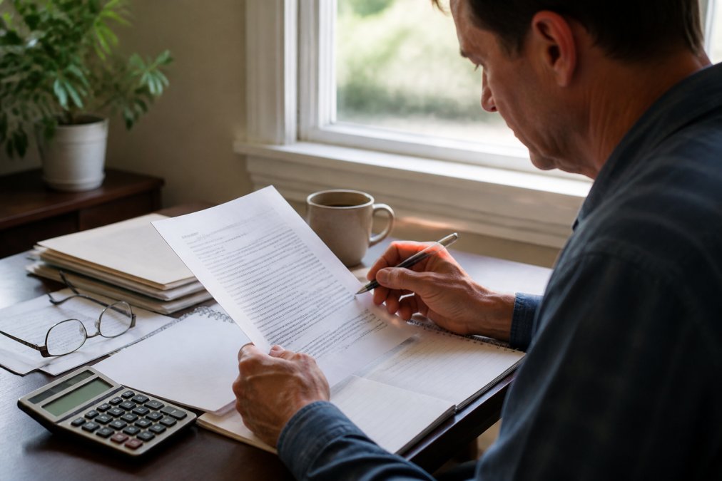 A person at a home desk reviewing a legal fee agreement document with a pen in hand, a calculator and reading glasses nearby, natural window light