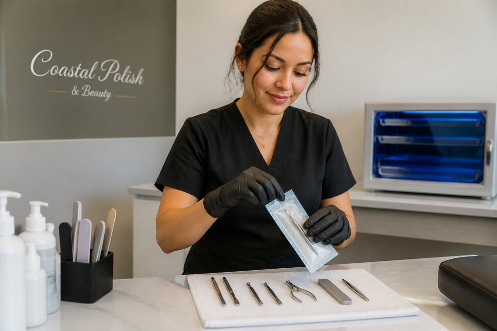Nail technician opening a sterilized tool pouch at a luxury nail salon workstation with a UV sterilizer nearby.
