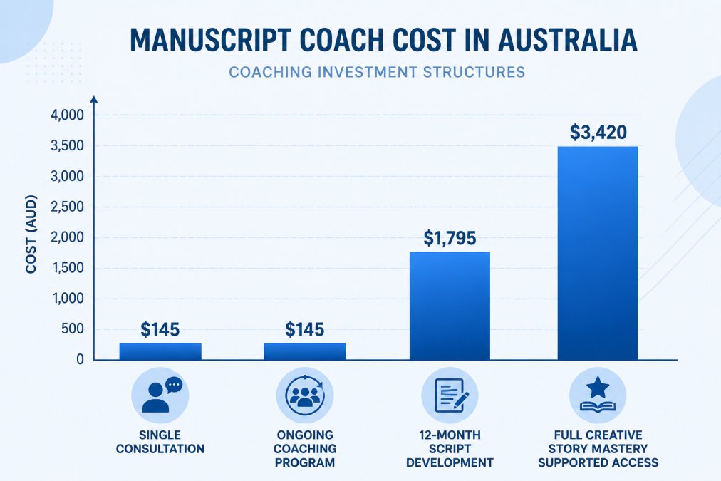 Bar chart comparing coaching investment structures: single consultation $145, ongoing coaching program $145, 12-month script development $1,795, full Creative Story Mastery supported access $3,420