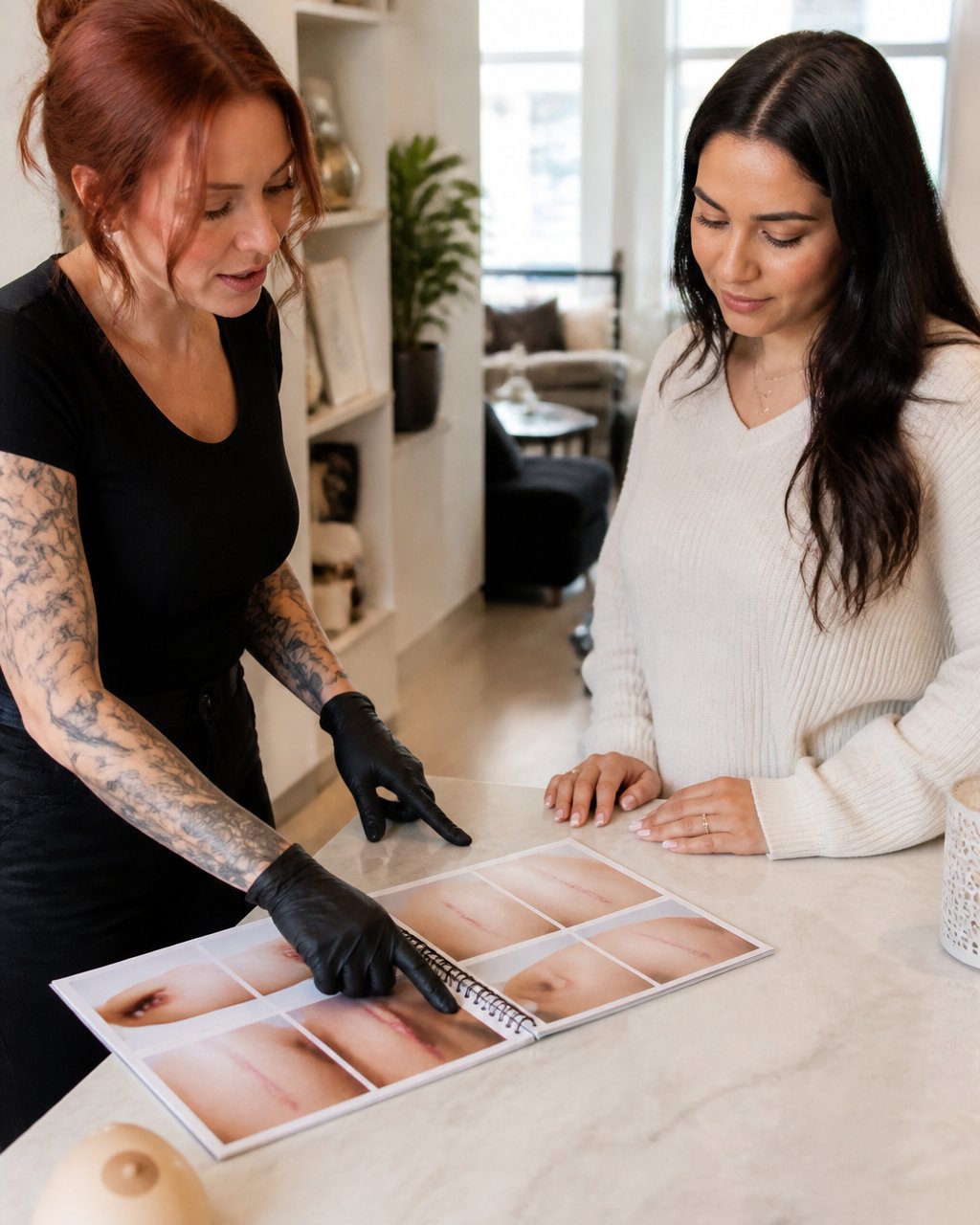 A tattoo artist and a client reviewing a printed portfolio of healed areola and scar camouflage photos at a consultation table in a calm, well-lit studio