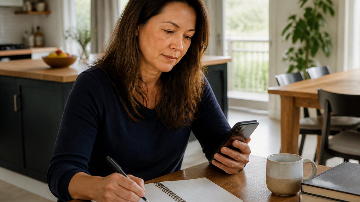 A woman in her 40s sitting at a kitchen table with a notebook and smartphone, reviewing a list of symptoms before a video consultation