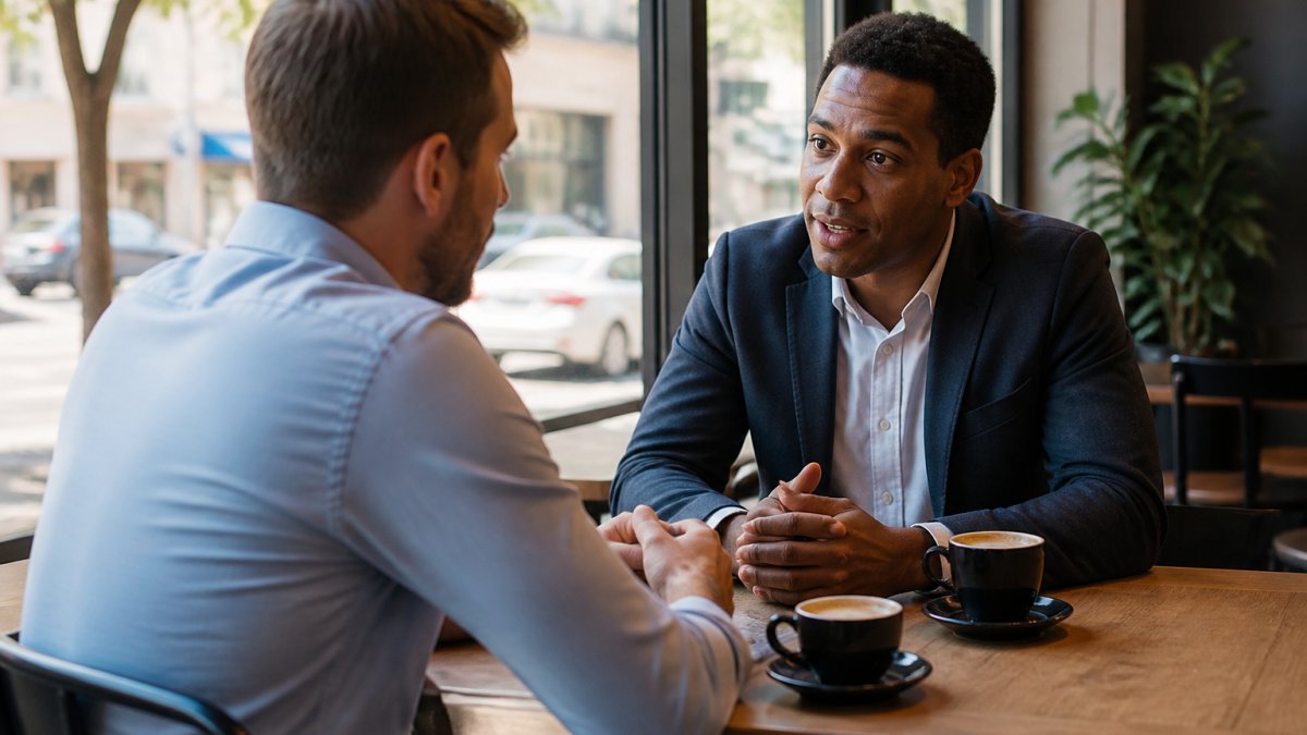 Two professionals in business casual attire having an engaged conversation over coffee at a café table, one leaning forward attentively with genuine interest, natural morning light streaming through windows