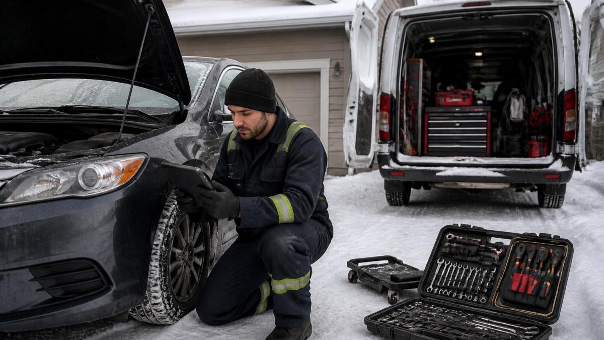 A journeyman-certified mobile mechanic in coveralls kneeling beside a sedan in a snowy Edmonton residential driveway, holding a diagnostic tablet, with a fully equipped service van parked behind him