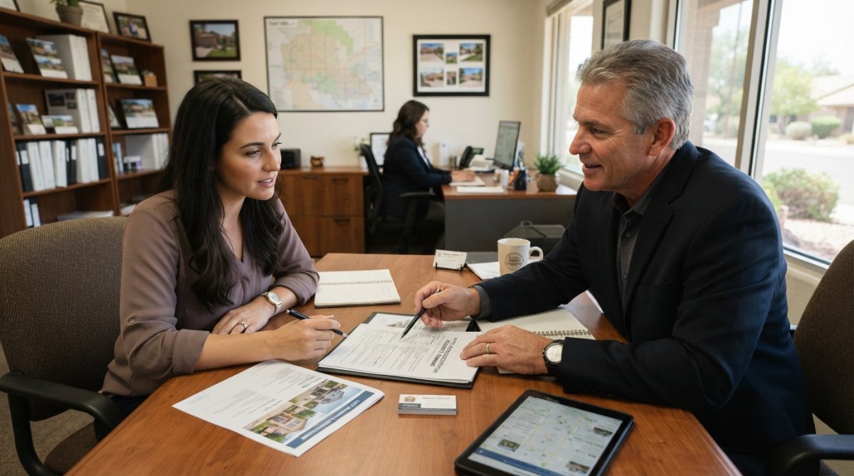 A prospective home buyer sitting across from a real estate agent at a professional desk, reviewing property documents and discussing details in a bright office setting with natural light
